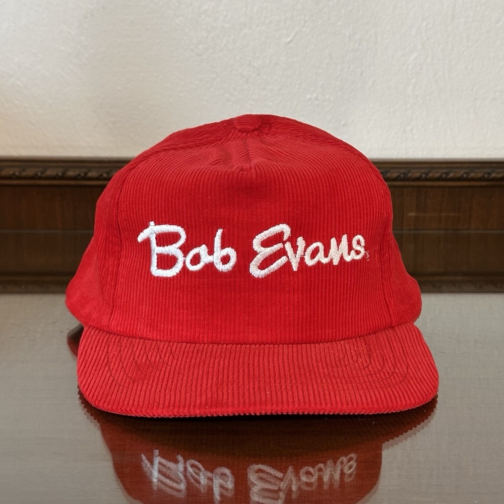 Vtg Bob Evans Red Corduroy Adjustable Snapback Hat Cap Restaurant‎ Advertising